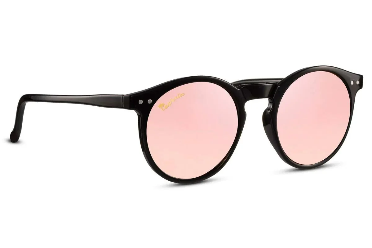 Runda svarta solglasögon i TR90 med rosa spegelglas + vikbart case - Bild 3